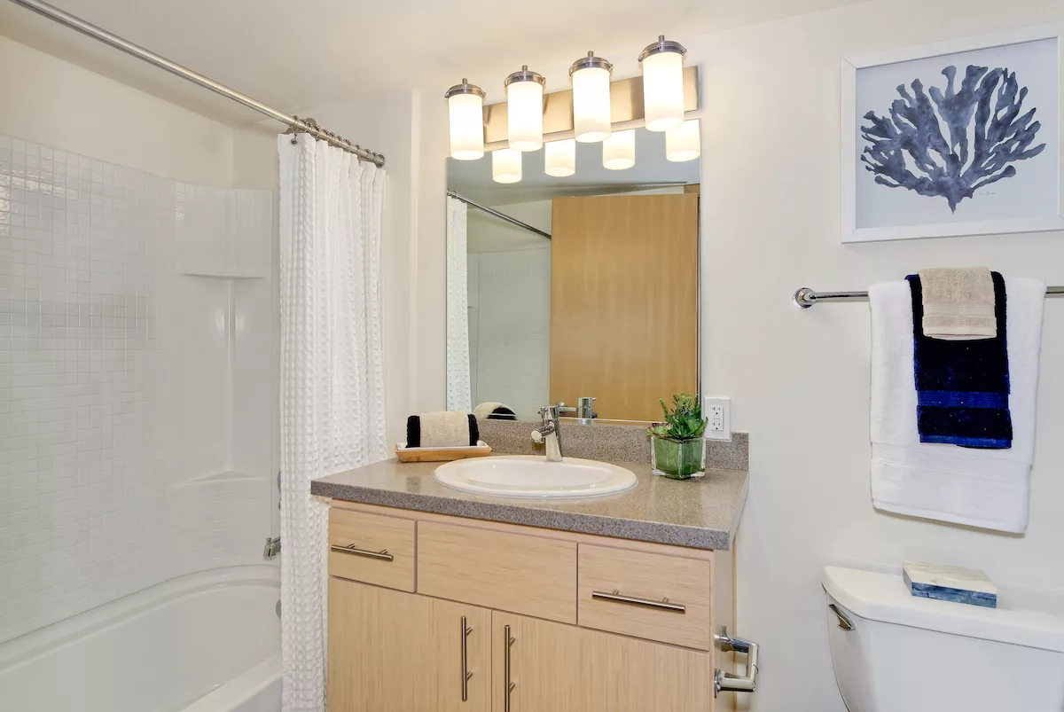 Bathroom with vanity, mirror and shower at The Perch